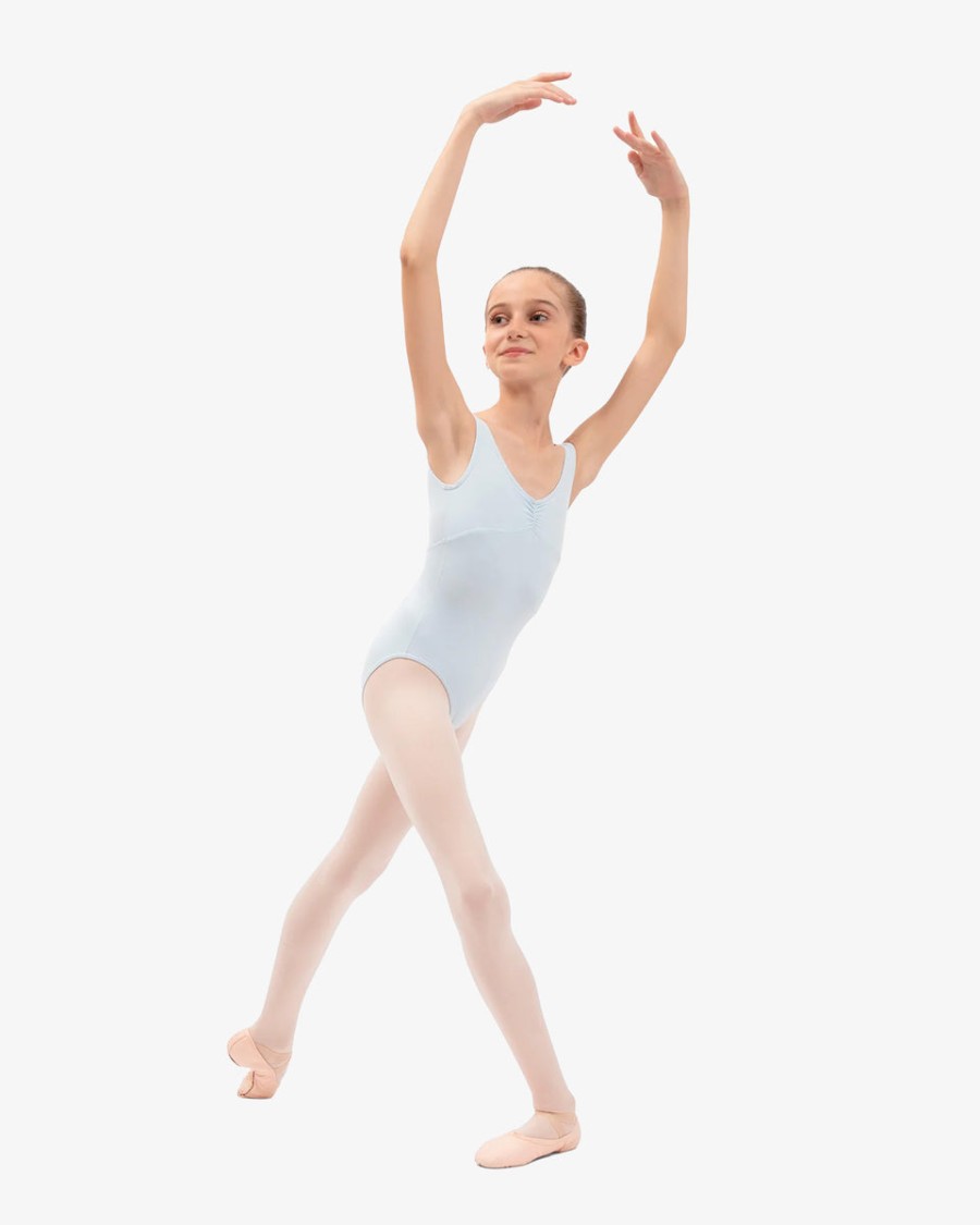 gathered front and back leotard neckline